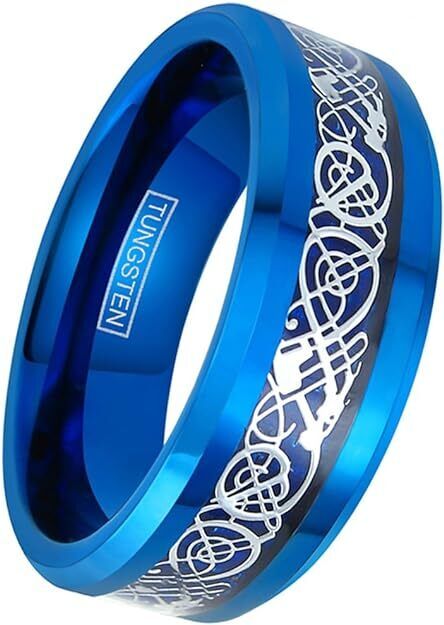Men 8mm Beveled Edge Comfort-Fit Blue Silver Celtic Dragon Tungsten Wedding Band